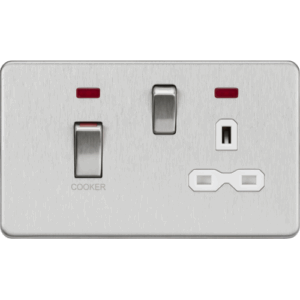 Knightsbridge Screwless Brushed Chrome 45A DP Switch & 13A Socket with Neons White Insert