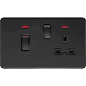 Knightsbridge Matt Black 45A DP Switch & 13A Socket with Neons with Insert