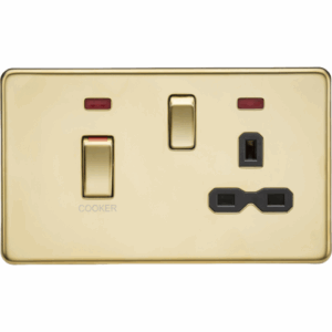 Knightsbridge Screwless Polished Brass 45A DP Switch & 13A Socket with Neons Black Insert