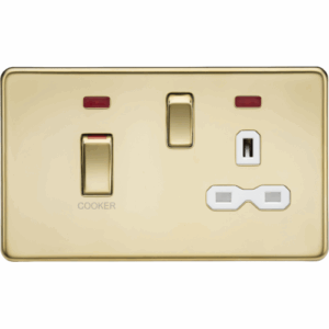 Knightsbridge Screwless Polished Brass 45A DP Switch & 13A Socket with Neons White Insert