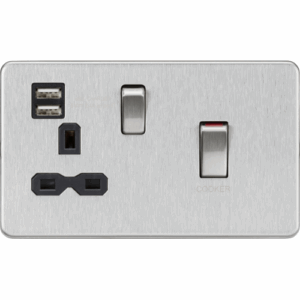 Knightsbridge Screwless Brushed Chrome 45A DP Switch & 13A Socket with Dual USB A+A (5V DC 2.4A shared) Black Insert