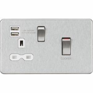 Knightsbridge Screwless Brushed Chrome 45A DP Switch & 13A Socket with Dual USB A+A (5V DC 2.4A shared) White Insert