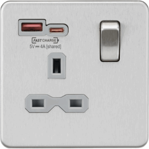Knightsbridge Brushed Chrome 13A 1G SP Switched Socket with Dual USB A+C 12V DC 1.5A [Max. 18W] with Insert