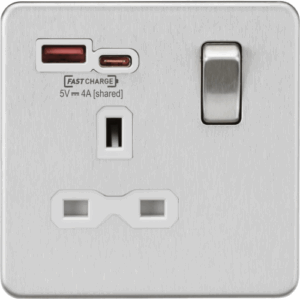 Knightsbridge Screwless Brushed Chrome 13A 1G SP Switched Socket with Dual USB A+C 12V DC 1.5A [Max. 18W] White Insert