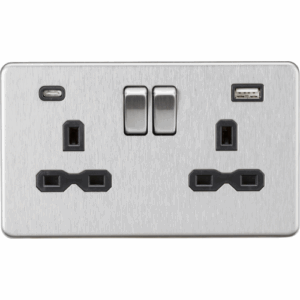 Knightsbridge Screwless Brushed Chrome 13A 2G SP Switched Socket with Dual USB A+C (5V DC 4.0A shared) Black Insert
