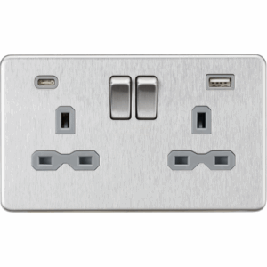 Knightsbridge Screwless Brushed Chrome 13A 2G SP Switched Socket with Dual USB A+C (5V DC 4.0A shared) Grey Insert