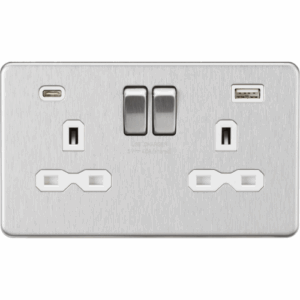 Knightsbridge Screwless Brushed Chrome 13A 2G SP Switched Socket with Dual USB A+C (5V DC 4.0A shared) White Insert