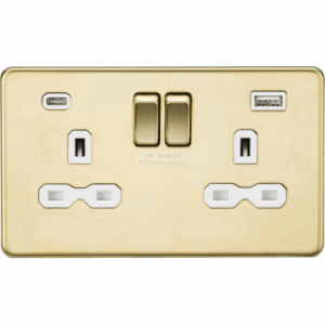 Knightsbridge Screwless Polished Brass 13A 2G SP Switched Socket with Dual USB A+C (5V DC 4.0A shared) White Insert