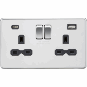Knightsbridge Screwless Polished Chrome 13A 2G SP Switched Socket with Dual USB A+C (5V DC 4.0A shared) Black Insert