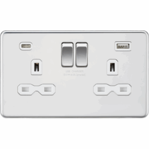 Knightsbridge Screwless Polished Chrome 13A 2G SP Switched Socket with Dual USB A+C (5V DC 4.0A shared) White Insert