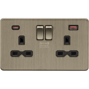 Knightsbridge Screwless Antique Brass 13A 2G DP Switched Socket with Dual USB A+C 20V DC 2.25A (Max. 45W)