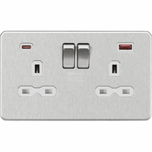 Knightsbridge Screwless Brushed Chrome 13A 2G DP Switched Socket with Dual USB A+C 20V DC 2.25A (Max. 45W) White Insert