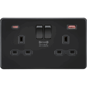 Knightsbridge Screwless Matt Black 13A 2G DP Switched Socket with Dual USB A+C 20V DC 2.25A (Max. 45W) Black Insert