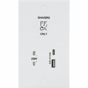 Knightsbridge White 230V Shaver Socket with Dual USB A+C (5V DC 2.4A shared, Max. 12W)