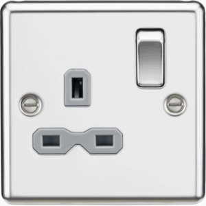 Knightsbridge Raised Edge Polished Chrome 13A 1G DP Switched Socket Grey Insert