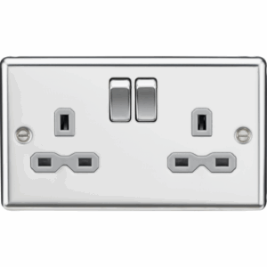 Knightsbridge Raised Edge Polished Chrome 13A 2G DP Switched Socket with Twin Earths Grey Insert