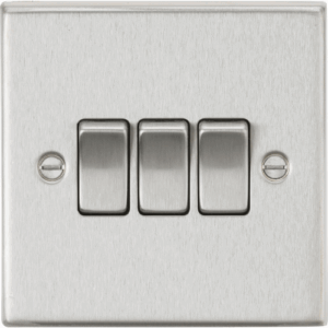 Knightsbridge Brushed Chrome 10AX 3G 2-way Plate Switch Square Edge
