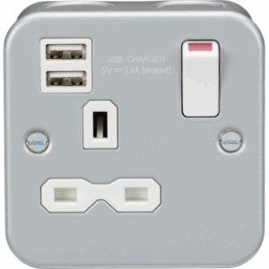 Knightsbridge Silver/Grey Metal Clad 13A 1G Switched Socket with Dual USB Charger (2.4A)