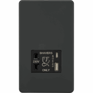 Knightsbridge Anthracite 230V Shaver Socket with Dual USB A+C [5V DC 2.4A shared]