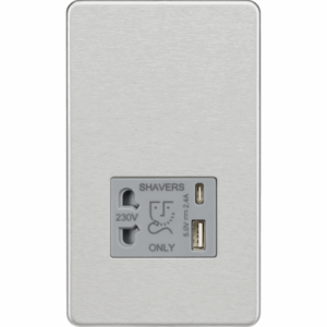 Knightsbridge Screwless Brushed Chrome 230V Shaver Socket with Dual USB A+C [5V DC 2.4A shared] Grey Insert