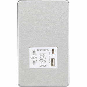 Knightsbridge Screwless Brushed Chrome 230V Shaver Socket with Dual USB A+C [5V DC 2.4A shared] White Insert