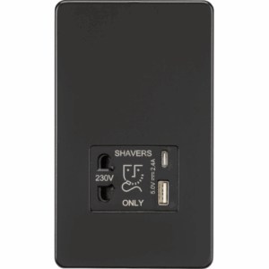 Knightsbridge Matt Black 230V Shaver Socket with Dual USB A+C [5V DC 2.4A shared] with Insert