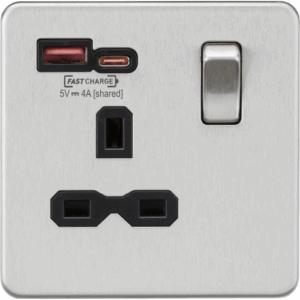 Knightsbridge Screwless Brushed Chrome 13A 1G SP Switched Socket with Dual USB A+C 12V DC 1.5A [Max. 18W] Black Insert