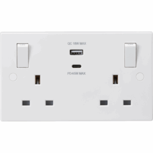 Knightsbridge White 13A 2G SP Switched Socket with Dual USB A+C 20V DC 2.25A (Max. 45W) with Outboard Rockers
