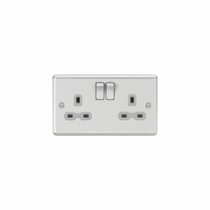 Knightsbridge Raised Edge Brushed Chrome 13A 2G DP Switched Socket with Twin Earths Grey Insert