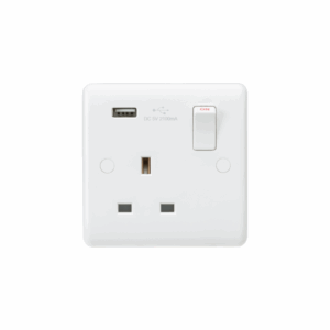 Knightsbridge White Curved Edge 13A 1G SP Switched Socket with USB -A (5V DC 2.1A)