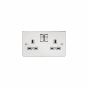 Knightsbridge Flat Plate Polished Chrome 13A 2G DP Switched Socket with Twin Earths Grey Insert