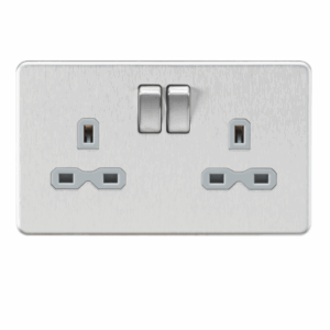 Knightsbridge Screwless Brushed Chrome 13A 2G DP Switched Socket with Twin Earths Grey Insert