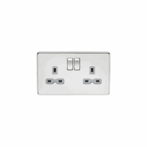 Knightsbridge Screwless Polished Chrome 13A 2G DP Switched Socket with Twin Earths Grey Insert