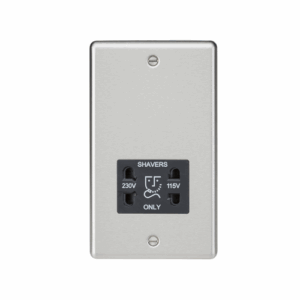 Knightsbridge Raised Edge Brushed Chrome 115/230V Dual Voltage Shaver Socket Black Insert