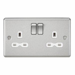 Knightsbridge Brushed Chrome 13A 2G DP Switched Socket with Twin Earths White Insert