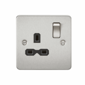 Knightsbridge Flat Plate Brushed Chrome 13A 1G DP Switched Socket Black Insert