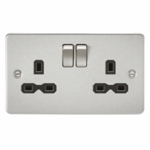 Knightsbridge Flat Plate Brushed Chrome 13A 2G DP Switched Socket with Twin Earths with Insert