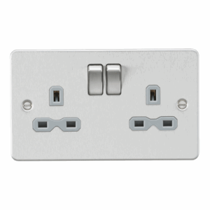 Knightsbridge Flat Plate Brushed Chrome 13A 2G DP Switched Socket with Twin Earths Grey Insert