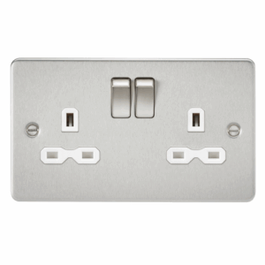 Knightsbridge Flat Plate Brushed Chrome 13A 2G DP Switched Socket with Twin Earths White Insert