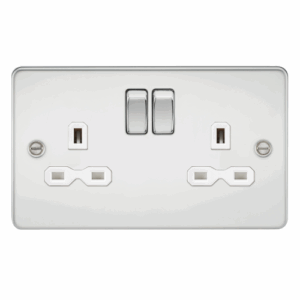 Knightsbridge Flat Plate Polished Chrome 13A 2G DP Switched Socket with Twin Earths White Insert