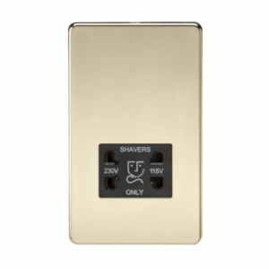 Knightsbridge Screwless Polished Brass 115V/230V Dual Voltage Shaver Socket Black Insert