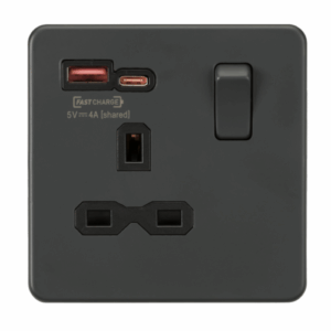 Knightsbridge Screwless Anthracite 13A 1G SP Switched Socket with Dual USB A+C 12V DC 1.5A [Max. 18W] Black Insert
