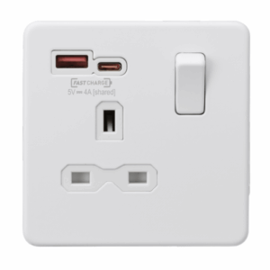 Knightsbridge Matt White 13A 1G SP Switched Socket with Dual USB A+C 12V DC 1.5A [Max. 18W] with Insert