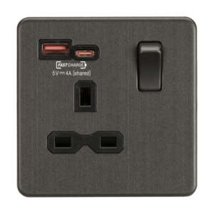 Knightsbridge Screwless Smoked Bronze 13A 1G SP Switched Socket with Dual USB A+C 12V DC 1.5A [Max. 18W] Black Insert