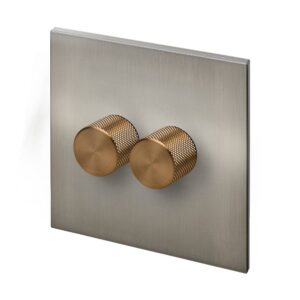 Retrotouch Aura Double Dimmer Switch - Brushed Nickel With Bronze Knobs