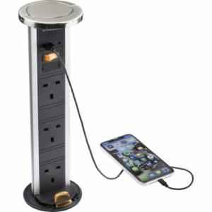 Knightsbridge Brushed Chrome IP54 3G pop-up socket with dual USB charger A+C (FASTCHARGE) Cap