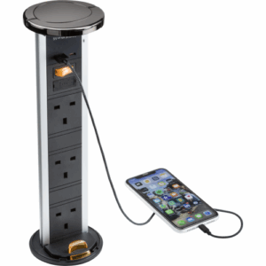 Knightsbridge Black Nickel IP54 3G pop-up socket with dual USB charger A+C (FASTCHARGE) Cap