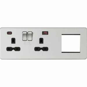 Knightsbridge 13A 2G DP Socket +2G Mod + Dual USB A+C 12V DC 1.5A (Max. 18W) Brushed Chrome w/Black Insert