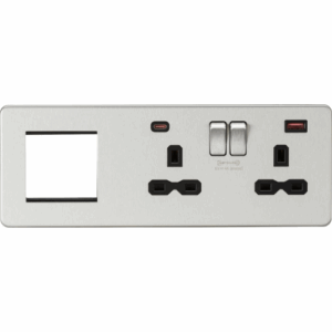 Knightsbridge 13A 2G DP Socket +2G Mod + Dual USB A+C 12V DC 1.5A (Max. 18W) Brushed Chrome w/Black Insert