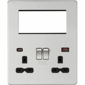 Knightsbridge Small Multi Combo Plate + Dual USB A+C 12V DC 1.5A (Max. 18W) Brushed Chrome w/Black Insert